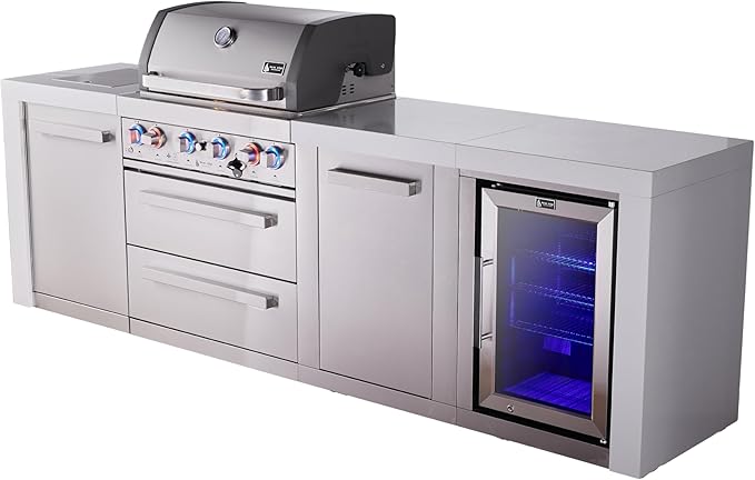 Mont Alpi Premium 107"W Deluxe Stainless Steel Modular Outdoor Kitchen Island with Refrigerator + Side Burner + 32"W 4-Burner BBQ Gas Grill + White Granite Countertops + Storage Cabinets and Drawers