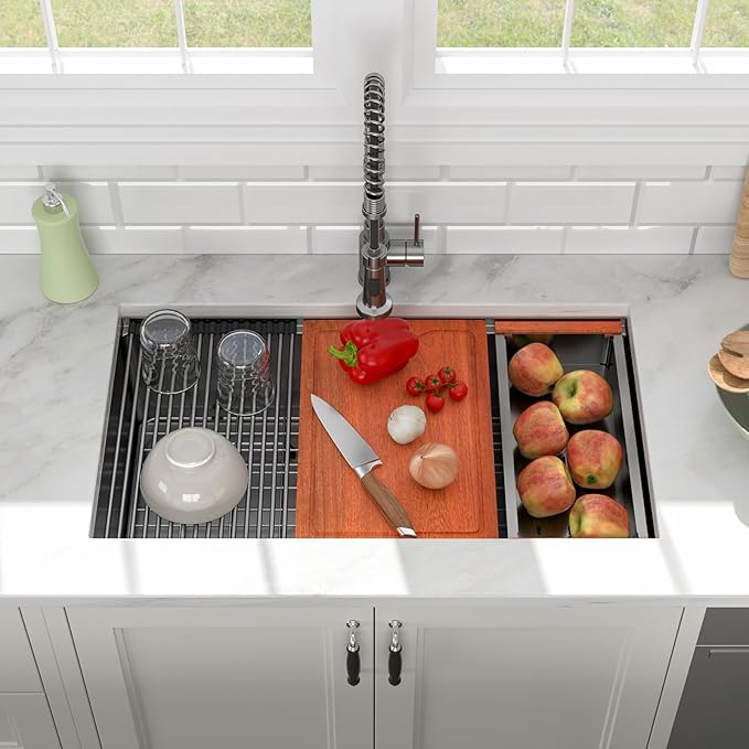 33x19 Inch Black Undermount Kitchen Sink Workstation Nano Coating 304 Stainless Steel 16 Gauge Handmade Under Counter Single Bowl Deep Kitchen Sink Basin,LOF-B9986