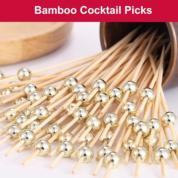 1000 Pcs Cocktail Picks, Gold Plastic Ball Decor Skewer for Appetizers, Fruit, Kebabs, Mini Burger, Bamboo Skewers for Drinks, Handheld Toothpicks, Food Sticks Natural, Kitchen Gadget