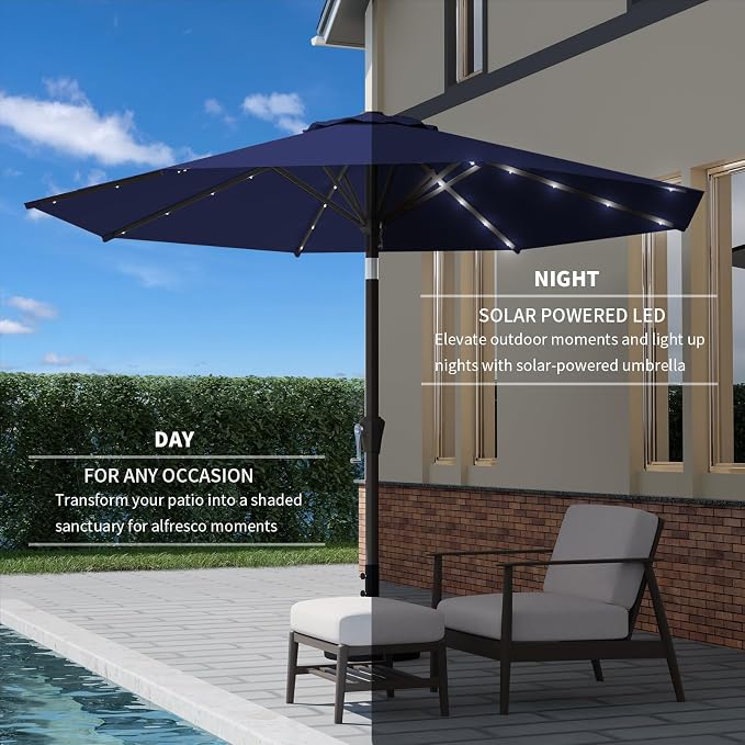 9FT Patio Umbrella with Solar Lights,Outdoor Market Umbrella with Tilt and Crank, LED Lighted Table Umbrella for Garden,Deck,Backyard,Pool,Beach (Navy)