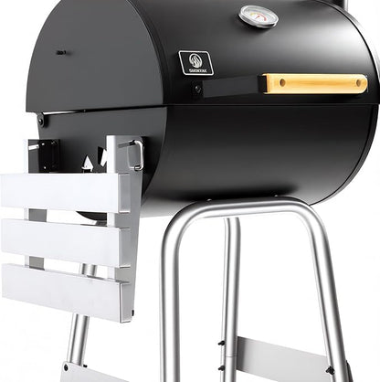 Barrel Charcoal Grill, Outdoor BBQ Smoker, Large Cooking Area, Adjustable Charcoal Pan, Warming Rack, Front & Side Table, Storage Shelf, Enameled Steel Wire, Backyard Camping Grill (Small)