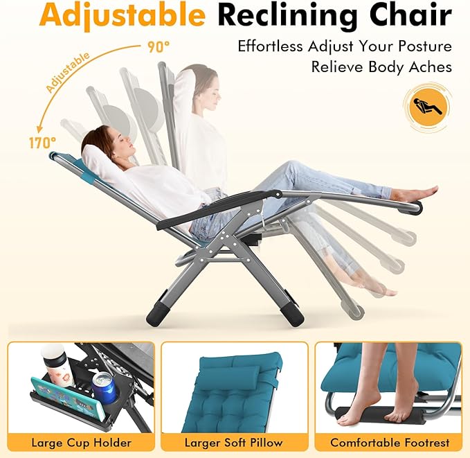 Slendor Oversized Zero Gravity Chairs XL, 29in Recliner Chair, Light Blue | Reclining Lounge Chair, Folding Anti Gravity Chairs w/Aluminum Alloy Lock, Removable Cushion&Headrest, 440lbs, for Lawn Patio