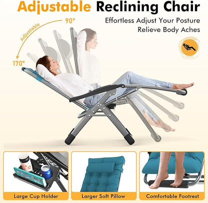 Slendor Oversized Zero Gravity Chairs XL, 29in Recliner Chair, Light Blue | Reclining Lounge Chair, Folding Anti Gravity Chairs w/Aluminum Alloy Lock, Removable Cushion&Headrest, 440lbs, for Lawn Patio