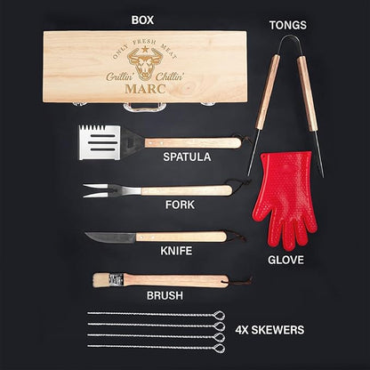 Personalized 11 Pcs Tailgating BBQ Grill Accessories Set Premium Stainless Steel Grilling Tools for Outdoor Cooking, Camping, Mancave, Backyard, Gifts for Men, Smoker Gift Ideas
