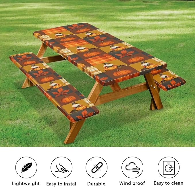 Elastic Fitted Table Cloth for Camping Party Fall Print Picnic Table Cover with Bench Covers 3 PCS for Outdoors