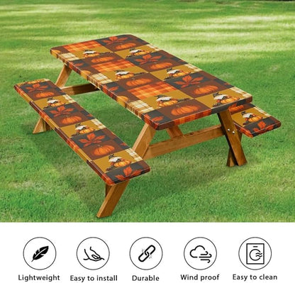 Elastic Fitted Table Cloth for Camping Party Fall Print Picnic Table Cover with Bench Covers 3 PCS for Outdoors