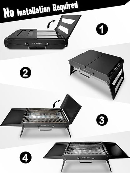 Charmline 20x14inch Big Foldable Portable Charcoal Grill, Charcoal Grills for Camping, Picnics, Gardens and Beach Parties, Black, With 44x24in Fireproof Mat