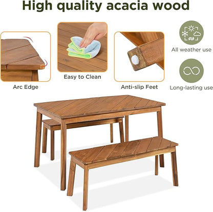3 Pieces Acacia Wood Table with 2 Benches Dining Set Outdoor Indoor Furniture, Picnic Beer for Patio, Porch, Garden, Poolside - Natural