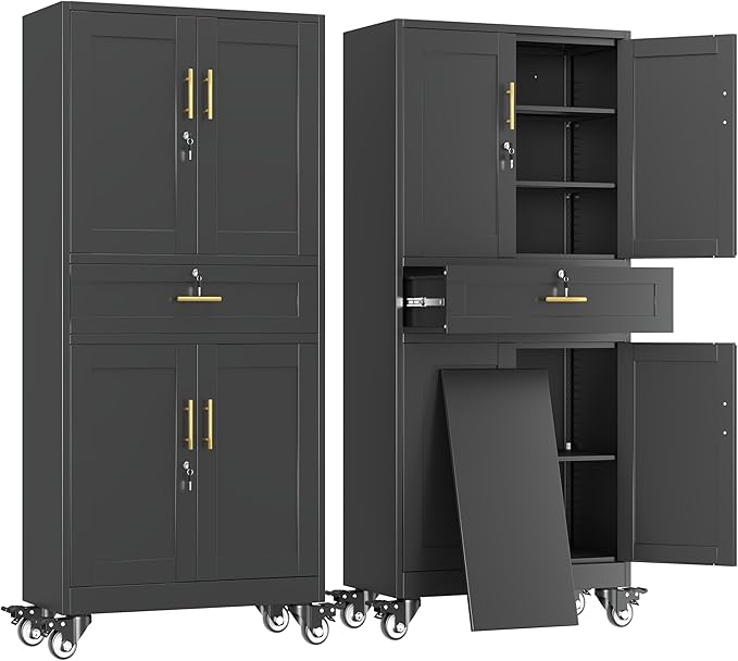erosoei 75" H Metal Garage Storage Cabinet, Rolling Tool Cabinet with 2 Doors and Wheels, Locker Steel Cabinet with 4 Adjustable Shelves and Drawer, Organization Cabinet for Garage,Office,Home,Gym
