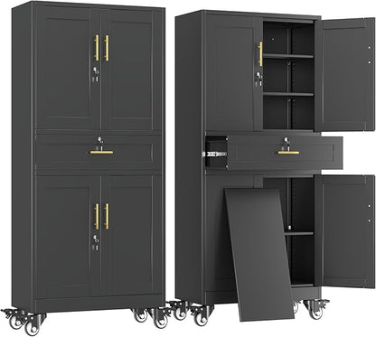 erosoei 75" H Metal Garage Storage Cabinet, Rolling Tool Cabinet with 2 Doors and Wheels, Locker Steel Cabinet with 4 Adjustable Shelves and Drawer, Organization Cabinet for Garage,Office,Home,Gym