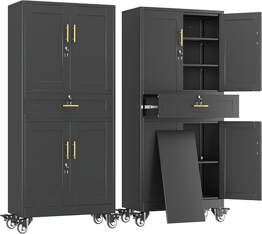 erosoei 75" H Metal Garage Storage Cabinet, Rolling Tool Cabinet with 2 Doors and Wheels, Locker Steel Cabinet with 4 Adjustable Shelves and Drawer, Organization Cabinet for Garage,Office,Home,Gym
