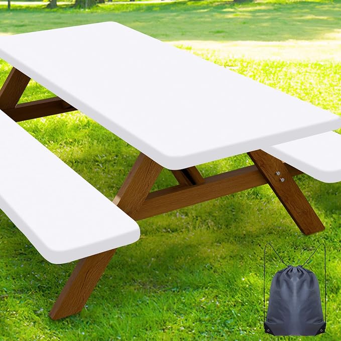 Smiry Picnic Table Cover with Bench Covers, Waterproof Elastic Fitted Polyester Tablecloths for 8 Ft Rectangle Tables, Washable Windproof Tablecloth for Camping, RV & Outdoor (White, 30x96 Inches)