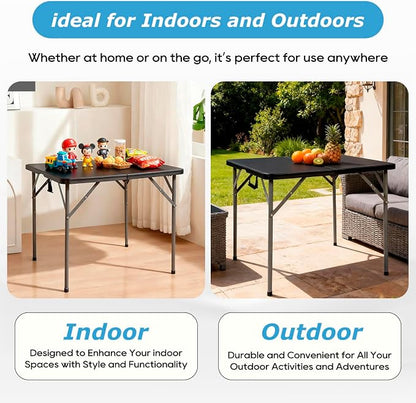 PayLessHere 34" Square Plastic Folding Card Table, Portable Outdoor Dining Table with Collapsible Legs and Carrying Handle,Plastic Tables for Camping,Picnic, Office, Party, Black