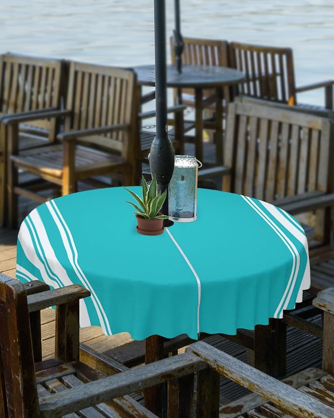 QueenKer Outdoor Tablecloth with Umbrella Hole, Farmhouse Aqua White Stripe Round Tables Waterproof Tabletop Collection for Patio, Garden, Picnic, Camping, Dining 60R