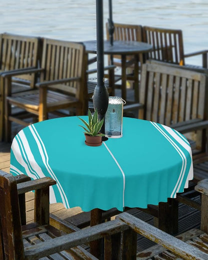 QueenKer Outdoor Tablecloth with Umbrella Hole, Farmhouse Aqua White Stripe Round Tables Waterproof Tabletop Collection for Patio, Garden, Picnic, Camping, Dining 60R