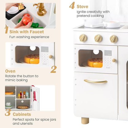 INFANS Kids Kitchen Playset, Toddler Wooden Pretend Cooking Set with Telephone Stove Microwave Storage Cabinet, Play Kitchen Toy Set with Toy Food Cookware Accessories for Children Boys Girls