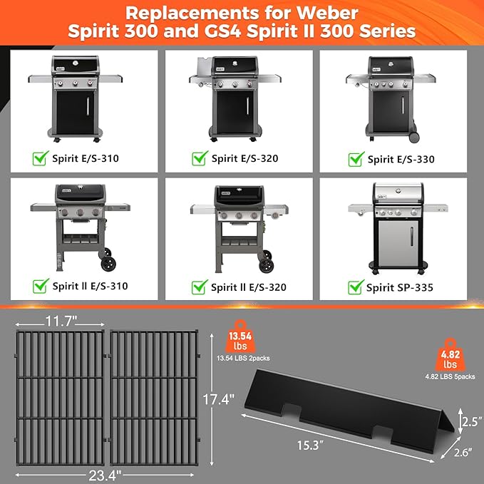 QuliMetal Grill Parts Replacement 7638 Grates 7636 Flavorizer Bars for Weber Spirit and Spirit II 300 Series Grills with Front Mount Controls E-310 E320 E330 S310 S320 S330 SP310 SP320 SP330 II E-310