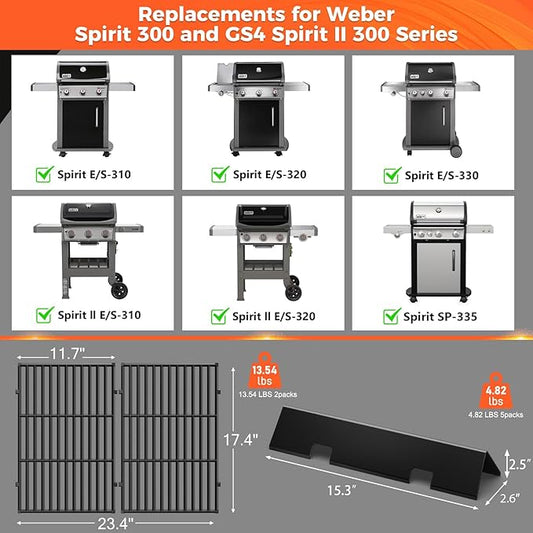 QuliMetal Grill Parts Replacement 7638 Grates 7636 Flavorizer Bars for Weber Spirit and Spirit II 300 Series Grills with Front Mount Controls E-310 E320 E330 S310 S320 S330 SP310 SP320 SP330 II E-310