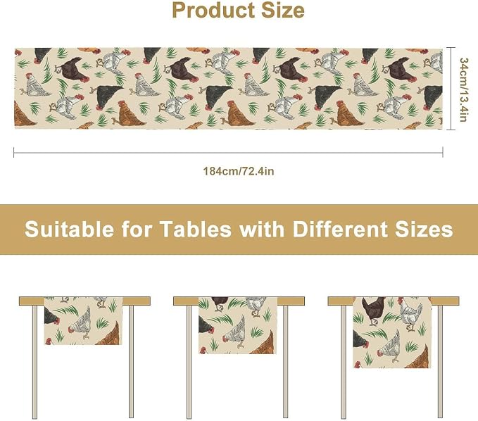 Chicken Hen Table Runner, Black White Eggs Plaid Polka Dots Farm Kitchen Dining Table Home Kitchen Dining Table Indoor Outdoor Farmhouse Decor 13x108 Inch