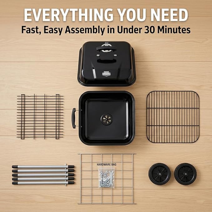 17.5 Inch Square Charcoal Grill with Wheels, Portable Outdoor BBQ Kettle Grill for Patio and Backyard Cooking, Porcelain-Coated Steel Grates and Adjustable Dampers, 302 Sq In Cooking Area, Black