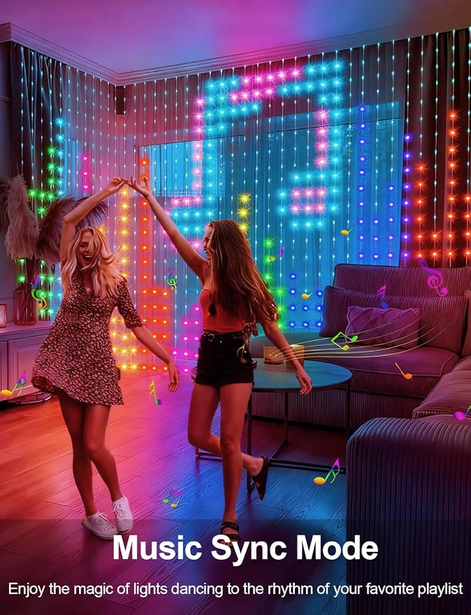 echosari 400 LED Smart Curtain Lights Plug in with App Programmable | 6.6 x 6.6ft RGB&IC DIY Pattern Music Sync for Bedroom Backdrop Decor
