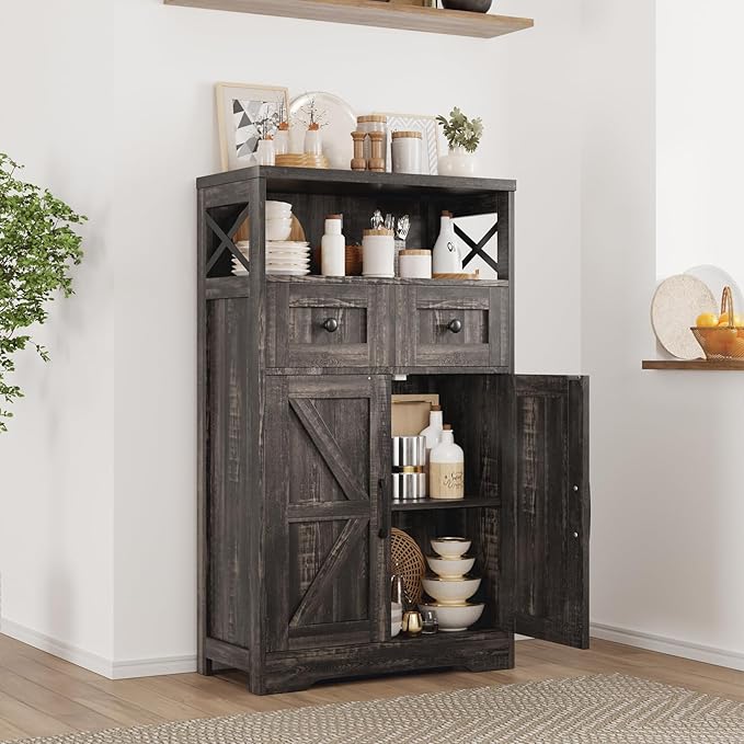 Befrases Farmhouse Storage Cabinet with Drawers and Shelf, Freestanding Kitchen Pantry Storage Cabinet, Floor Hutch Cupboard for Kitchen, Living Room, Home Office, Dark Rustic Oak