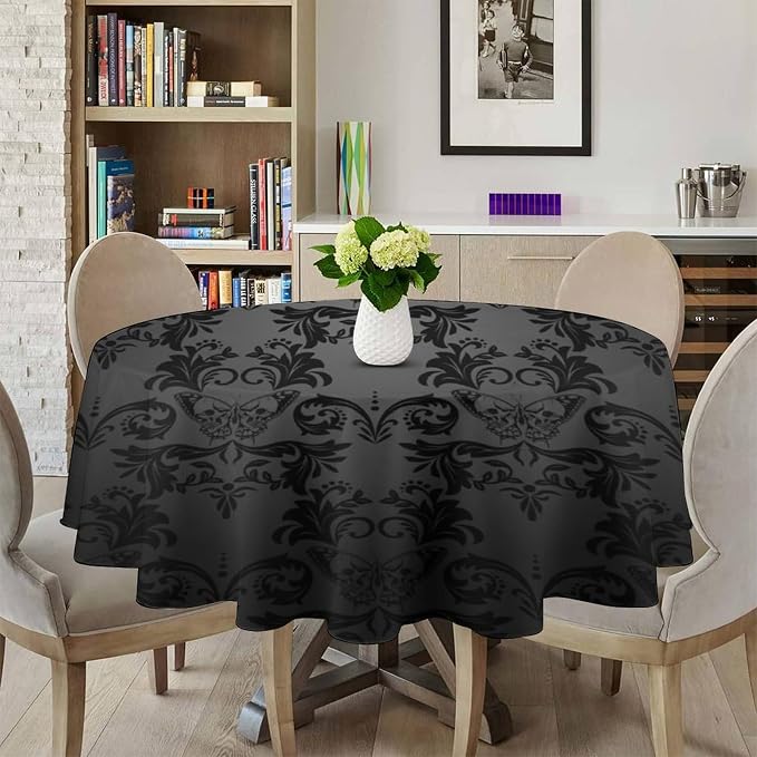 Gothic Black Damask Round Tablecloth, Vintage Floral Exotic Butterfly Suger Skull Bohemian Antique Tables Cloth Water Resistant Table Cover for Farmhouse Party Holiday Kitchen Dinner Table 36"
