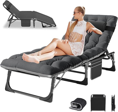 LILYPELLE Folding Chaise Lounge Chair with Pad, Patio Sun Tanning Chair | 5-Position Outdoor Chaise Lounger,Portable Beach Lounge Chair for Outdoor Sunbathing Patio Pool Lawn Deck Poolside