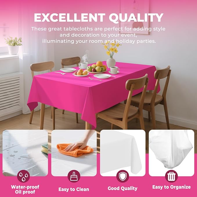 54 Inch X 100 Feet Plastic Table Cover Roll Premium Disposable Plastic Tablecloth for All Type/Shape Tables | Picnic, Party, Banquet, Birthdays, Weddings (Fuchsia, 54 Inch X 100 Feet)