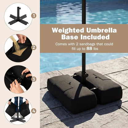 Tangkula 9 FT Patio Umbrella with Base Included, 2-Tiers Outdoor Scalloped Table Umbrella with 2 Sandbags, Tilt Adjustment, Crank, 8 Ribs for Market Backyard Pool Deck Beach Lawn