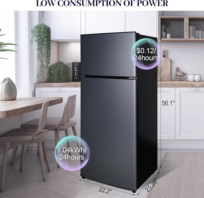 Fridge with Freezer 7.4 Cu. Ft., 2-Door Apartment Refrigerator with Adjustable Thermostat & Shelves, LED Lights Refrigerator with Freezer for Kitchen, Office, Dorm, Garage, Blue