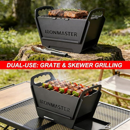 Portable Foldable Hibachi Grill, Heavy Duty & Durable, Small Charcoal Grill for Outdoor Camping Yakitori - w/Cast Iron Cooking Grate 11.5" x 5.5"