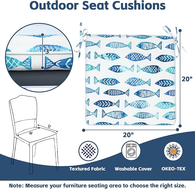 COZYVIDA Outdoor Chair Cushions Set of 4, 20"x20" Square Seat Pads with Tie Straps and YKK Zippers, 30D High-Density Foam, Water-Resistant Fabric,UV-Resistant 1000+ Hrs