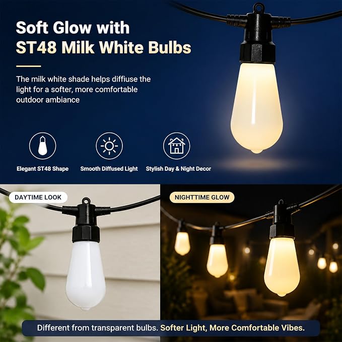 100FT Outdoor String Lights, 2x50FT RGBW Patio Lights, App & Remote | 2x50FT connected design with 40 ST48 milk white bulbs, RGBW color changing light, timer and music sync for large patio decor