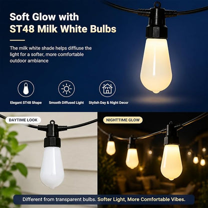 100FT Outdoor String Lights, 2x50FT RGBW Patio Lights, App & Remote | 2x50FT connected design with 40 ST48 milk white bulbs, RGBW color changing light, timer and music sync for large patio decor