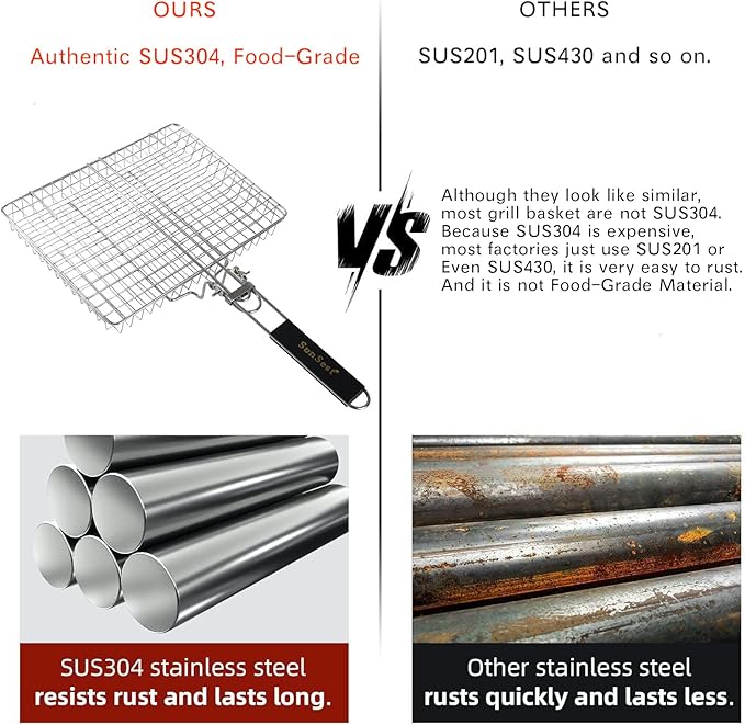 BBQ Deep Grill Basket-Barbecue BBQ Grilling, SUS304 Stainless Steel Folding Portable Outdoor Camping Rack for Fish, Shrimp, Vegetables, Cooking Accessories,Gifts for Dad,Men,Friends