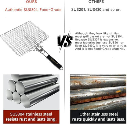 BBQ Deep Grill Basket-Barbecue BBQ Grilling, SUS304 Stainless Steel Folding Portable Outdoor Camping Rack for Fish, Shrimp, Vegetables, Cooking Accessories,Gifts for Dad,Men,Friends