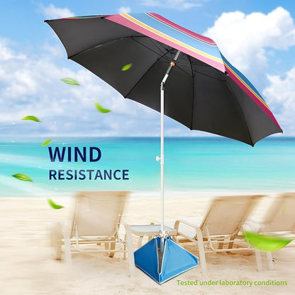 Fisqueen 8FT Large Beach Umbrella with Wind Resistance Sand Anchor Sand Bag, Portable Outdoor Umbrella with UPF50+ UV Protection, Tilt Sun Shelter for Beach, Patio, Yard