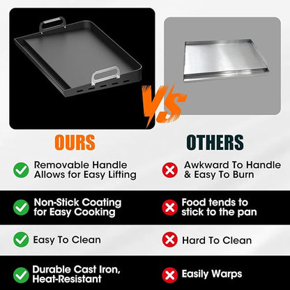 16" x 13" Portable Steel Nonstick Grill Griddle for Gas & Charcoal Grills, Flat Top BBQ Griddle Plate with Grease Groove & Removable Handle, Universal Fit for Outdoor & Home Cooking, Tailgating