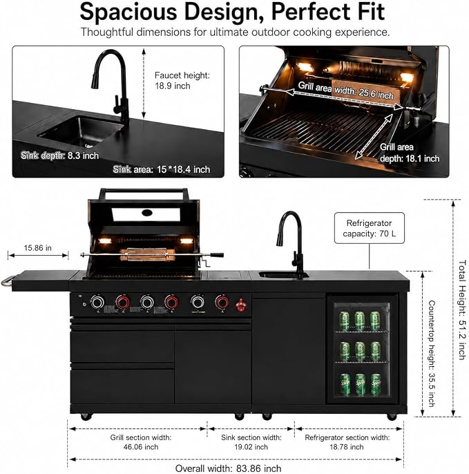 84 Inch Outdoor Kitchen Island Grill, 6 Burner 75300 BTU Propane BBQ Island with Sink, Beverage Refrigerator, Rotisserie Kit, Griddle, SS304 Stainless Steel, Granite Top, Black