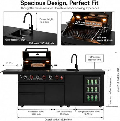 84 Inch Outdoor Kitchen Island Grill, 6 Burner 75300 BTU Propane BBQ Island with Sink, Beverage Refrigerator, Rotisserie Kit, Griddle, SS304 Stainless Steel, Granite Top, Black