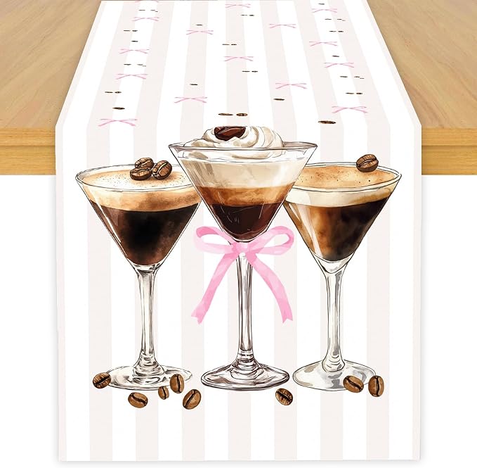 Espresso Martini Theme Table Runner, Martini Lovers Linen Fabric Table Runner for Everyday Use 72 x 13 Inches, Washable Table Cover for Indoor Outdoor Kitchen Dining Table Home Decor