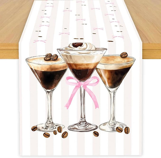 Espresso Martini Theme Table Runner, Martini Lovers Linen Fabric Table Runner for Everyday Use 72 x 13 Inches, Washable Table Cover for Indoor Outdoor Kitchen Dining Table Home Decor