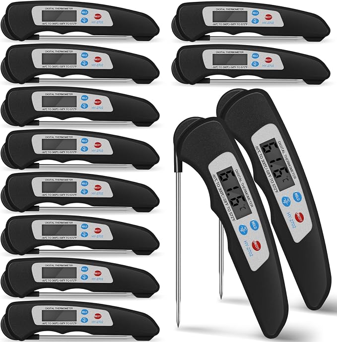Xuhal 12 Pcs Digital Meat Thermometer with Probe Waterproof Instant Read Foldable Food Thermometer with Magnet for Kitchen Grilling Cooking Turkey Baking BBQ (Black)