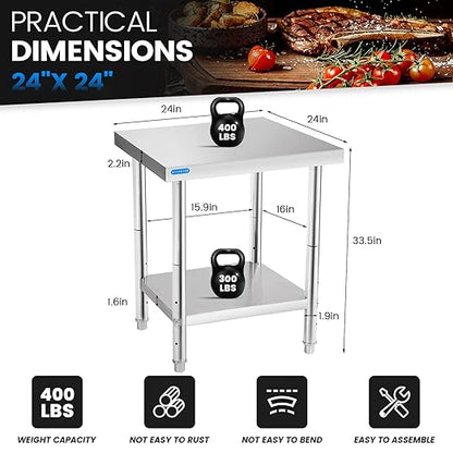 KUARBARR Stainless Steel Table for Prep & Work with Undershelf 24 x 24 Inches NSF Metal Commercial Kitchen Prep Table with Adjustable Under Shelf Worktable for Restaurant Home Outdoor