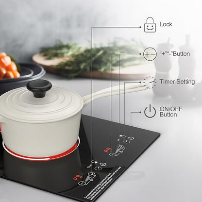 Electric Cooktop, Built-in and Countertop 2 burner Electric Burner for Cooking, 2400W 110V stove top,11 Power Settings, Timer and Child Safety Lock, LED touch control,Overheat Protection.
