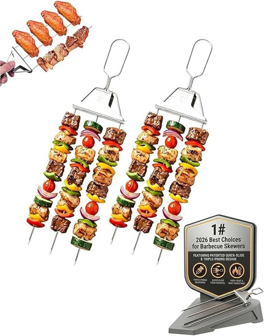 Grill Skewers for Grilling 3 Way Outdoor Metal Chicken BBQ Kabob Meat Stainless Steel 3 Prong Barbeque 2026 New Reusable Three Pronged Push off Slider Bar Triple Pierce Easy to Use Updated