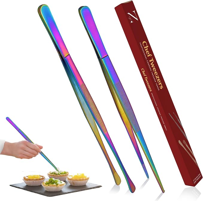Namre' Tweezer Tongs – 2 Pcs 12- Inch 18/10 Stainless Steel Cooking Tongs for BBQ, Grilling, Plating & Serving – Professional Chef Tongs (Rainbow)