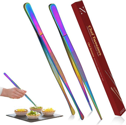 Namre' Tweezer Tongs – 2 Pcs 12- Inch 18/10 Stainless Steel Cooking Tongs for BBQ, Grilling, Plating & Serving – Professional Chef Tongs (Rainbow)