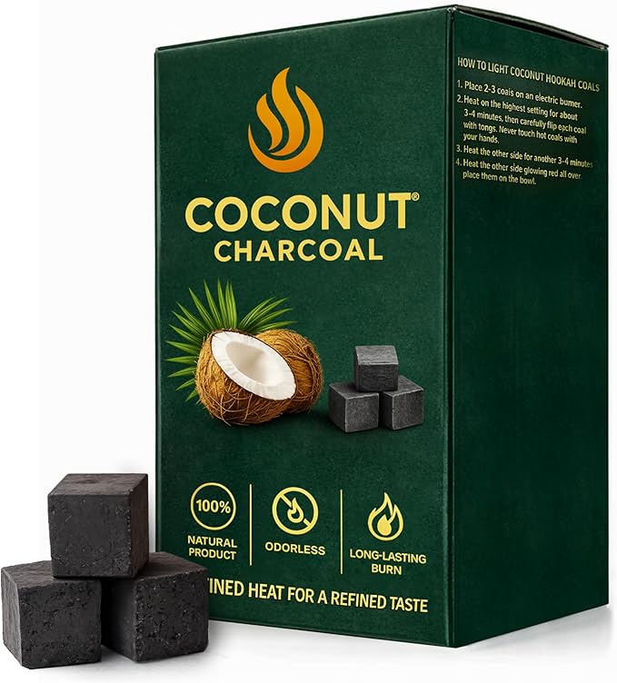 100% Natural Coconut Charcoal Coals 72 pcs, 25mm Cubes Made from Natural Coconut Shells, 2.2 lbs (1kg) Long-Lasting Hookah Charcoal, Low Ash Charcoal